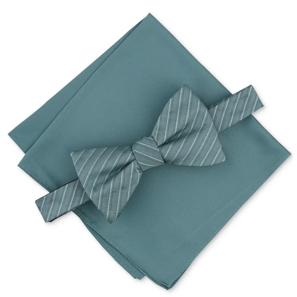 Alfani Mens Bow Tie & Pocket Square Set OS Green Herringbone Formal Necktie NWT